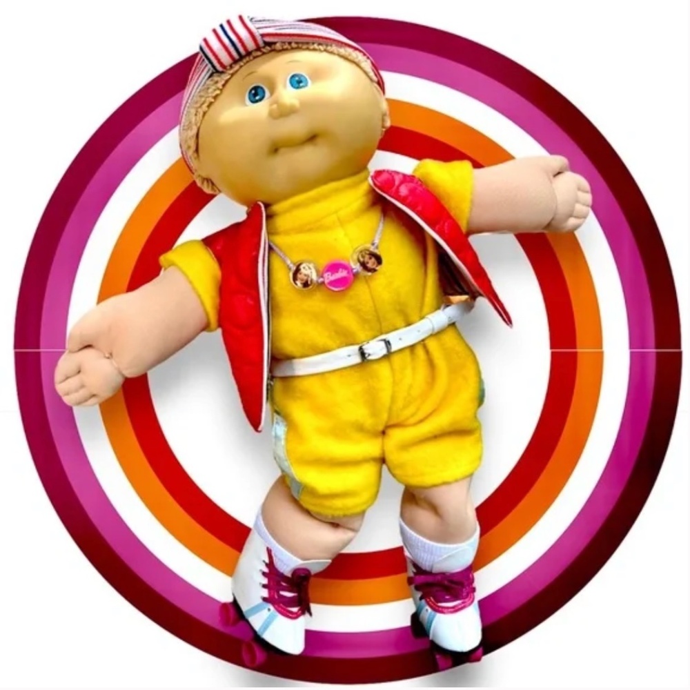 1982 Cabbage Patch Kid blond, Coleco, roller skates, 80s outfit -Barbie necklace